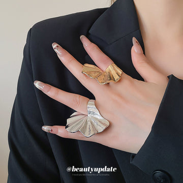 Metal Ginkgo Leaf Textured Statement Ring Gold Silver
