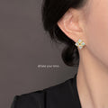 Gold Tone Blue Purple Enamel Four Petal Square Flower Stud Earrings view 2