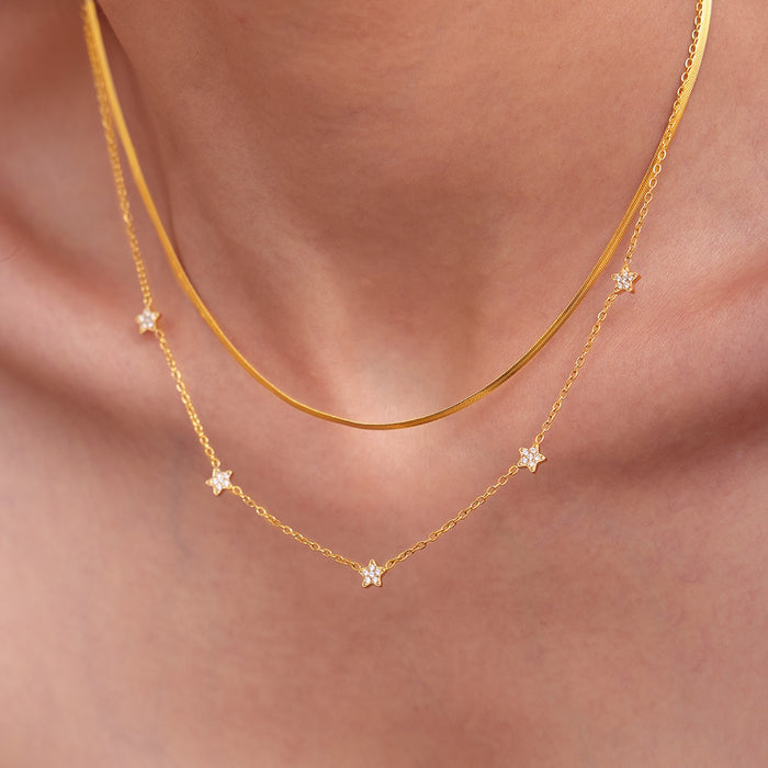Five Star Zircon Station Necklace And Snake Chain Gold Steel