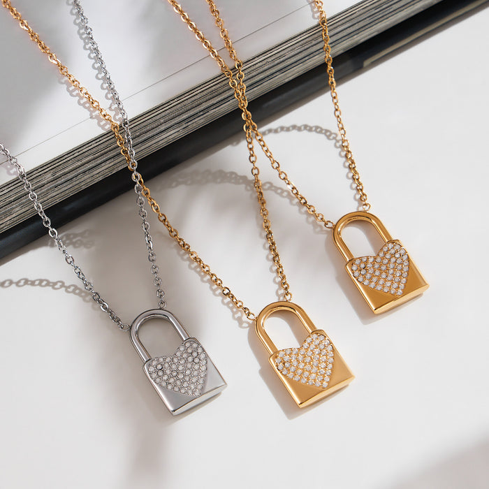 Heart Padlock Zircon Pendant Necklace Gold Or Steel Tone