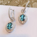 Silver Teal Oval Halo Lever Back Drop Earrings Double Pave view 2