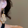 Gold Tone Leaf Cluster Hoop Drop Earrings With Crystal Accents view 3