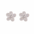 White Crystal Flower Stud Earrings Seed Pearl Petal Edge view 5