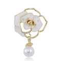 Gold Camellia Flower Brooch Pearl Drop Black White Enamel view 1