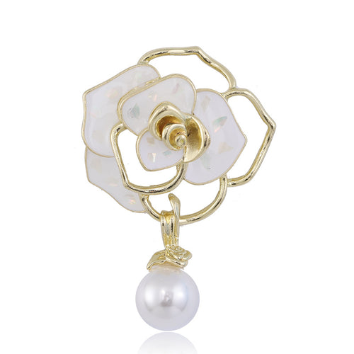 White enamel gold camellia brooch pearl drop front white