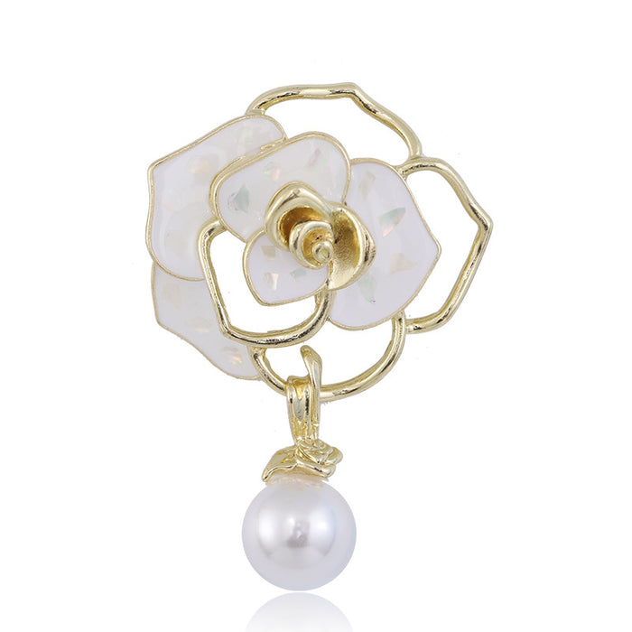 Gold Camellia Flower Brooch Pearl Drop Black White Enamel