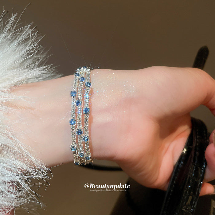 Silver Triple Row Open Cuff Bangle Blue Clear Stones