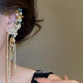 Crystal Flower Long Fringe Single Ear Clips with Polished Metal Tone Details view 3