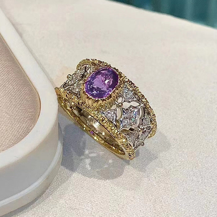 Two Tone Gold Silver Purple Oval Center Wide Ring Sizes 6-10