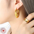 Gold U-Shaped Ribbed Hollow Statement Hoop Earrings view 3