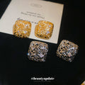 Silver Crystal Openwork Square Stud Earrings Decorative Jewelry Design view 4