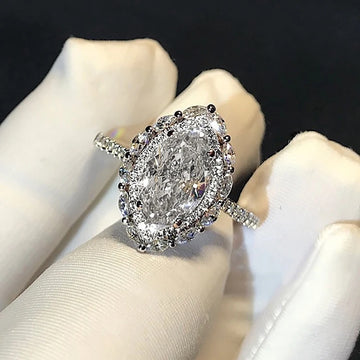 White Gold Tone Marquise Halo Crystal Ring Sizes 6-10