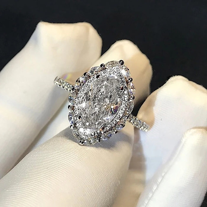 White Gold Tone Marquise Halo Crystal Ring Sizes 6-10
