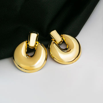 Flattened Gold Tone Open Round Statement Stud Earrings