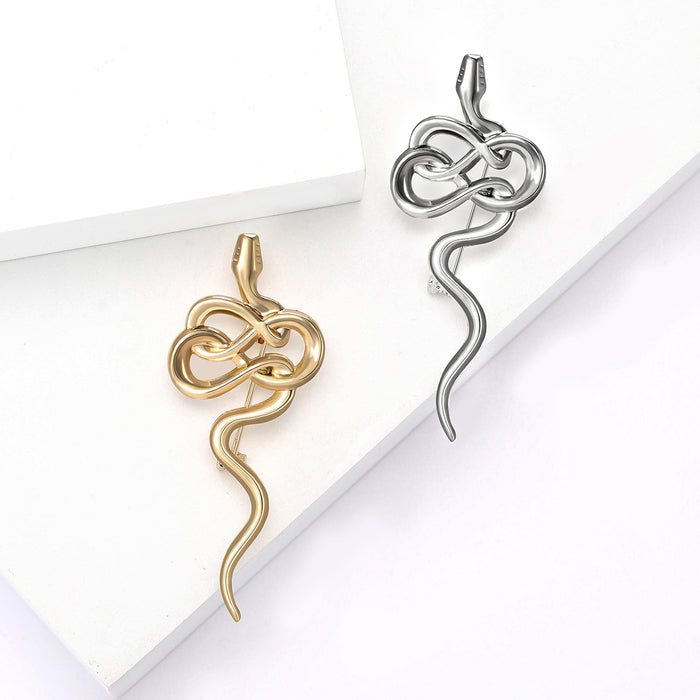 Polished Coiled Long Snake Brooch in Gold or Silver Tone