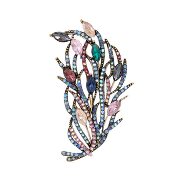 Blue Silver Tone Feather Openwork Crystal Metal Brooch Pin
