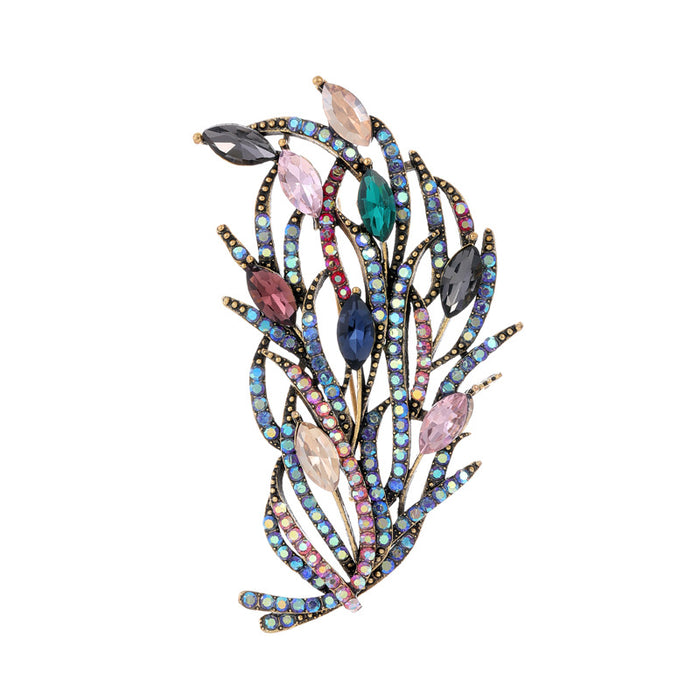 Blue Silver Tone Feather Openwork Crystal Metal Brooch Pin
