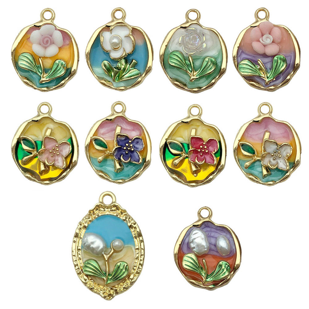 Enamel Zinc Alloy Flower Oval Charm Pendant for DIY Necklace Keychain Jewelry Making
