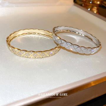 Crosshatched Crystal Hinged Bangle In Gold Tone Or Silver Tone