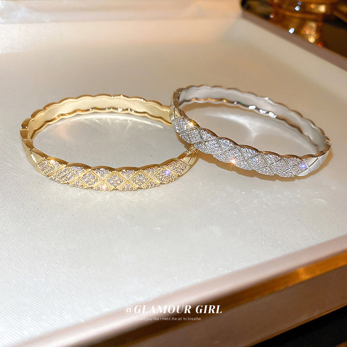 Crosshatched Crystal Hinged Bangle In Gold Tone Or Silver Tone