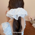 White Eyelet Embroidered Fabric Oversized Bow Ponytail Scrunchie view 1
