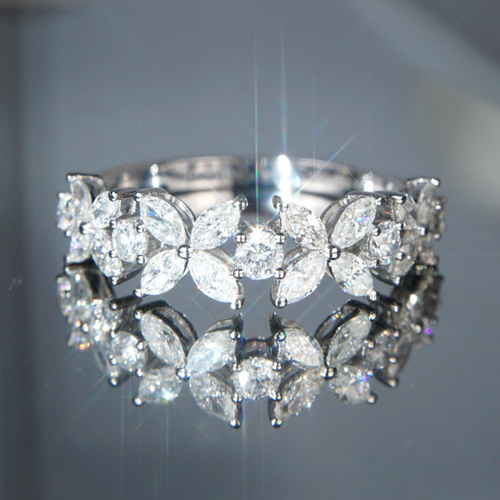 Double-Row Marquise Floral Openwork Ring In Polished Silver Tone