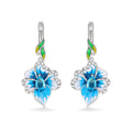 Silver Tone Blue Floral Enamel Leaf Drop Earrings Polished Metal Jewelry view 6