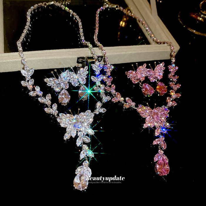 Butterfly Crystal Tassel Necklace And Earring Set In Pink Or Clear