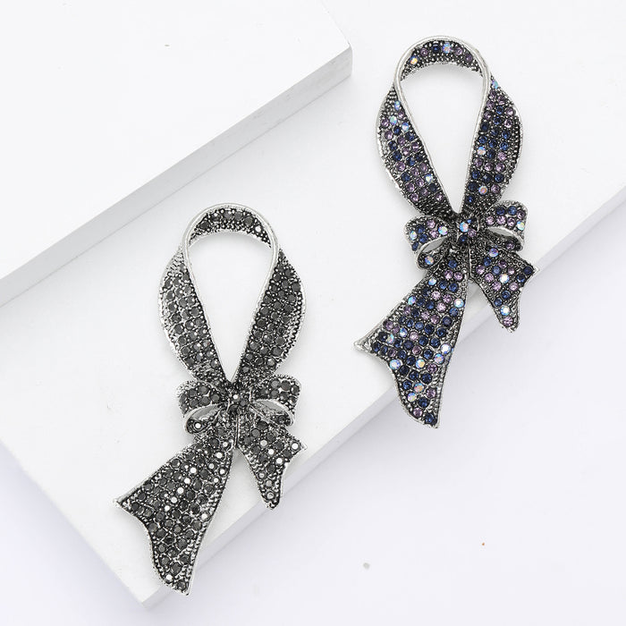 Black Crystal Ribbon Bow Brooch Decorative Clothing Pin