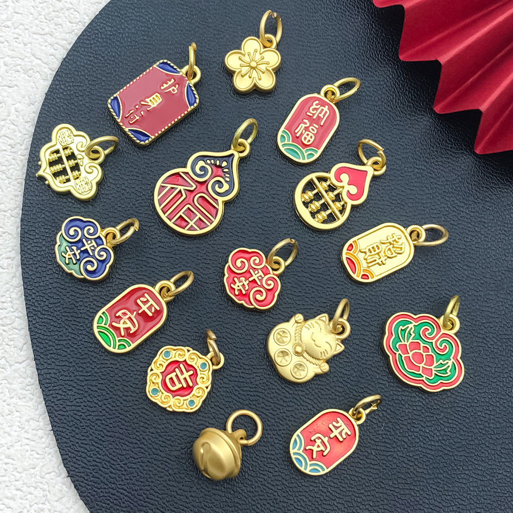Gold Tone Zinc Alloy Lucky Cat Gourd Fu Tag Charm Pendant for DIY Bracelet Necklace