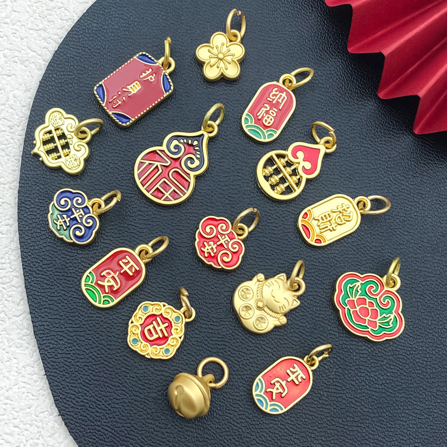 Gold Tone Zinc Alloy Lucky Cat Gourd Fu Tag Charm Pendant for DIY Bracelet Necklace