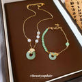 Mixed Pixelated Bracelet Images And Green Disk Pendant Necklace view 2