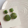 Gold Tone Green Square And Large Round Disc Drop Stud Earrings view 1