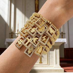 Gold-Tone Bead Bracelet with Paired Framed Symbol Charms