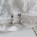 Silver Heart Post Drop Textured Planet Charm Earrings Pair view 2