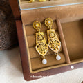Gold Openwork Filigree Pearl Drop Earrings Decorative Jewelry Design view 2