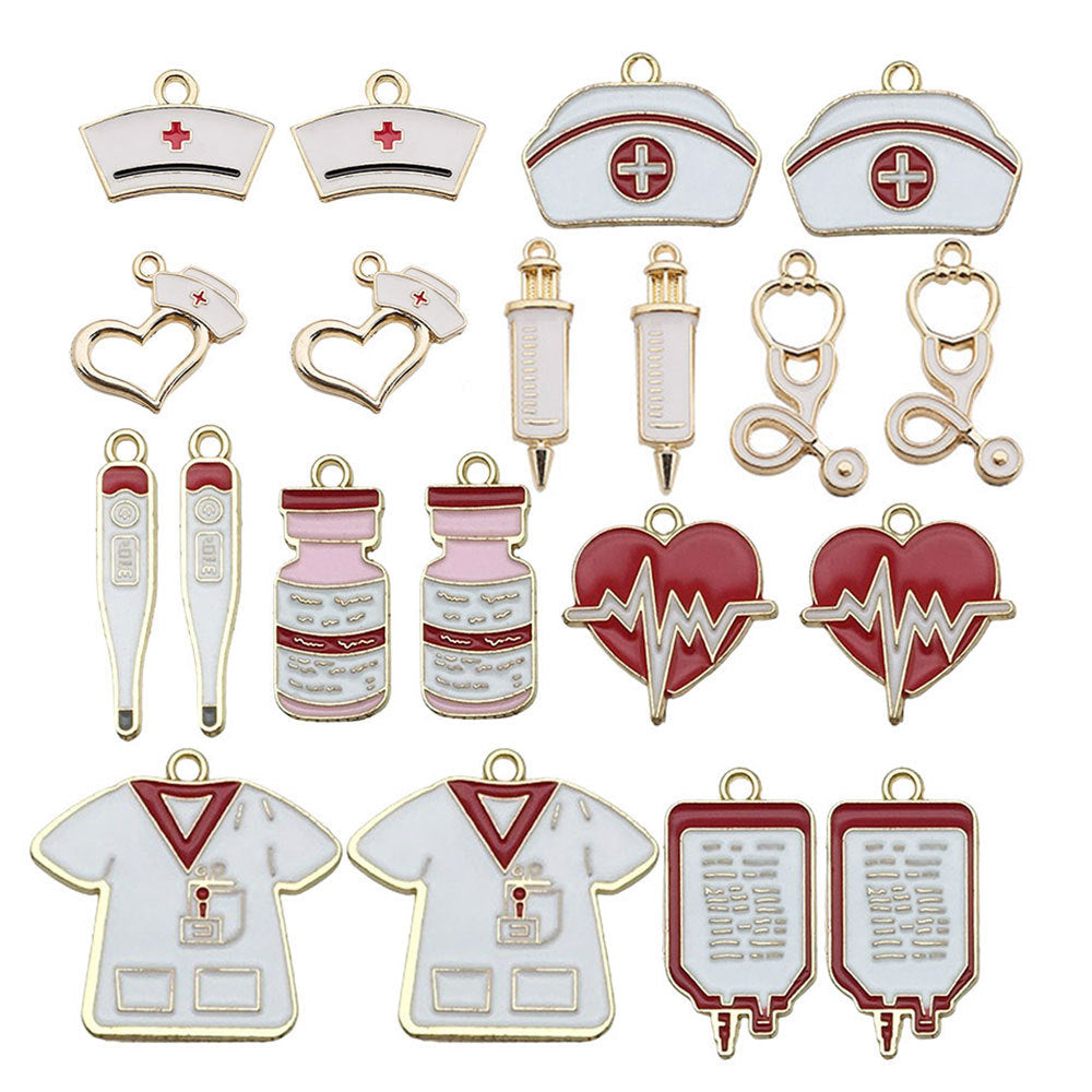 Enamel Zinc Alloy Nurse Hat Medicine Bottle Thermometer Syringe Nurse Cap Charm Pendants for DIY Jewelry