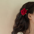 Red Fabric Rose Alligator Hair Clip With Green Leaf Accents view 1