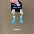 Blue Beaded Geometric Drop Earrings with Polished Metal Details view 4