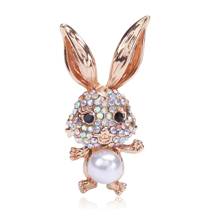 Crystal Rabbit Brooch With Pearl Belly in Gold or Silver Tone