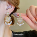 Pink Purple Beaded Round Tassel Statement Earrings view 1