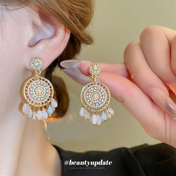 Pink Purple Beaded Round Tassel Statement Earrings
