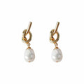 Gold Tone Sculpted Knot Irregular White Pearl Drop Earrings view 5