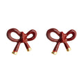 Wine Red Enamel Bow Stud Earrings Gold Tone Ribbon Tips view 5