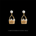 Gold Tone Pearl Like Flower Basket Drop Stud Earrings For Women view 4