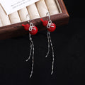 Red Gourd Bow Silver Chain Extra Long Hook Earrings view 3