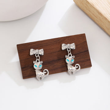 Silver Bow Aqua Eye Curled Tail Cute Cat Stud Earrings