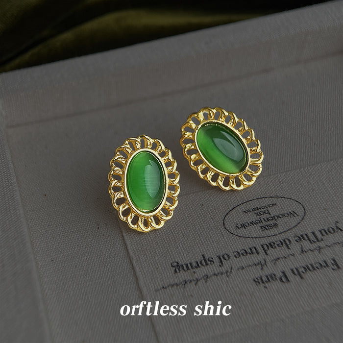 Gold Filigree Oval Green Cat Eye Stud Earrings Pair