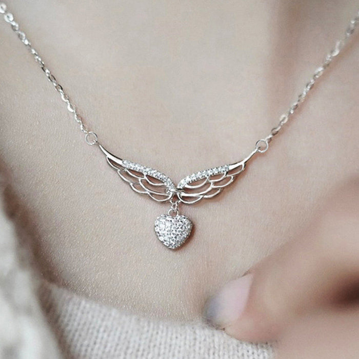 Silver Tone Angel Wings Heart Drop Necklace Pave Pendant Chain