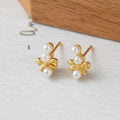 Gold Bow Pearl Look Cluster Delicate Small Stud Earrings view 3